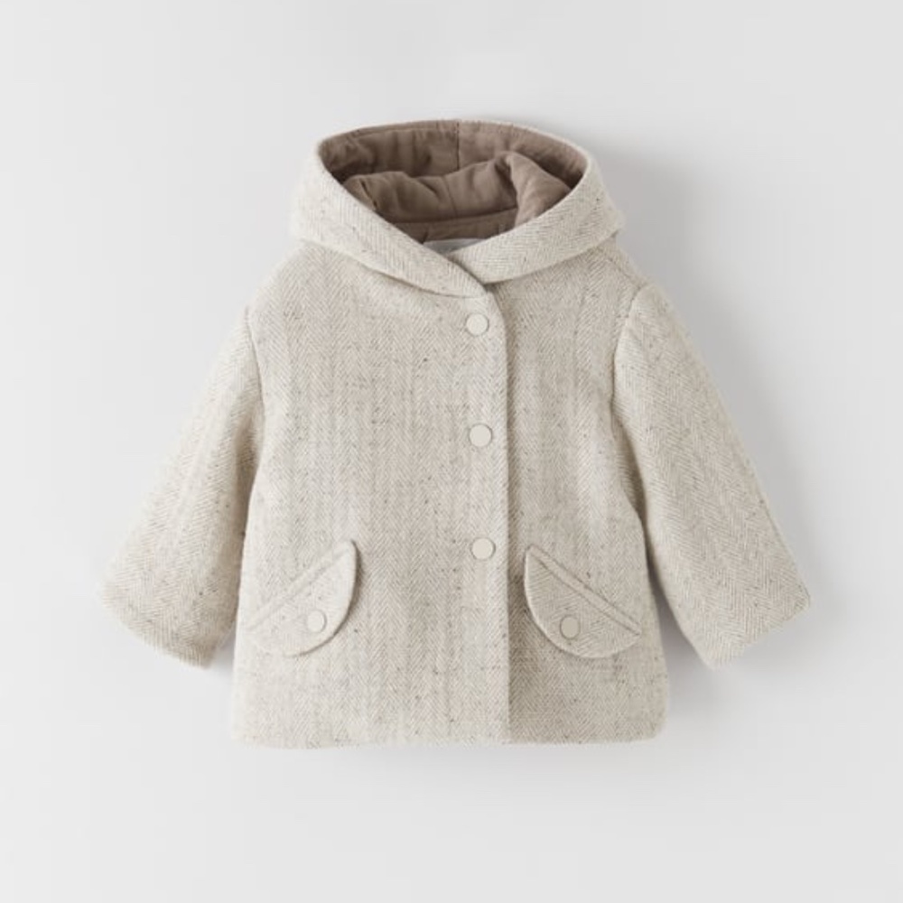 NEW ZARA KIDS HERRINGBONE COAT WITH POMPOM